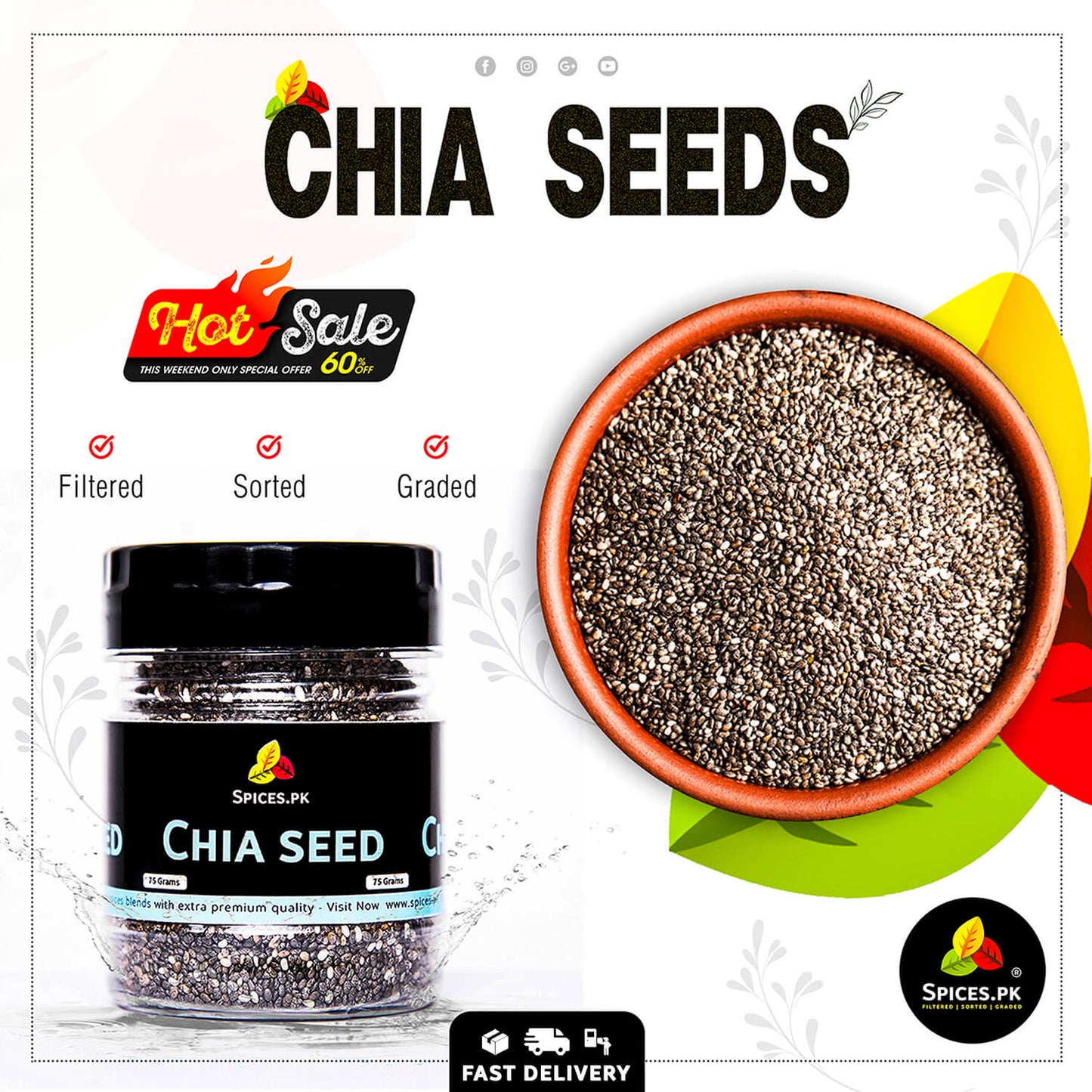 Hot sale on filtered and graded premium chia seeds. Bowl of fresh chia seeds next to Spices.pk jar with fast delivery.