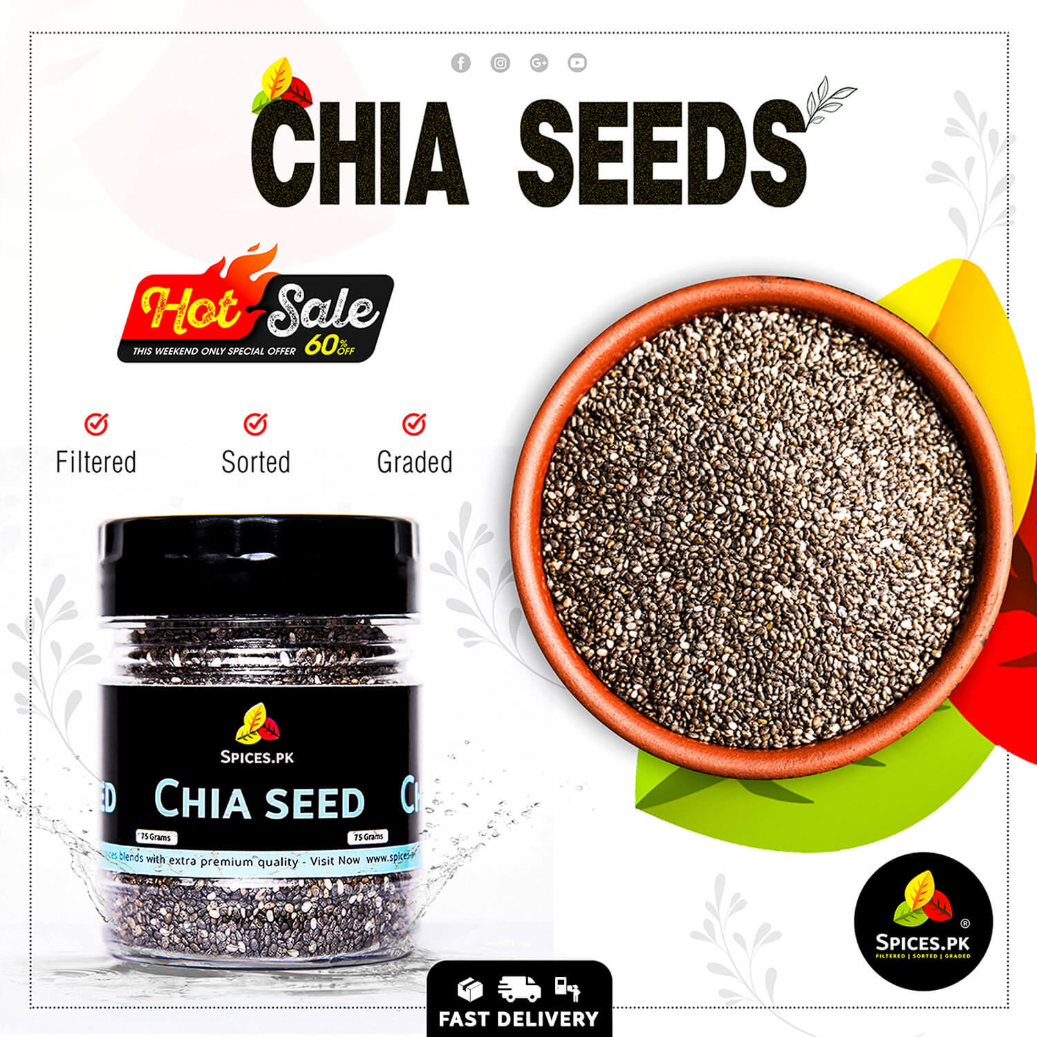Hot sale on filtered and graded premium chia seeds. Bowl of fresh chia seeds next to Spices.pk jar with fast delivery.