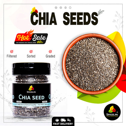 Hot sale on filtered and graded premium chia seeds. Bowl of fresh chia seeds next to Spices.pk jar with fast delivery.