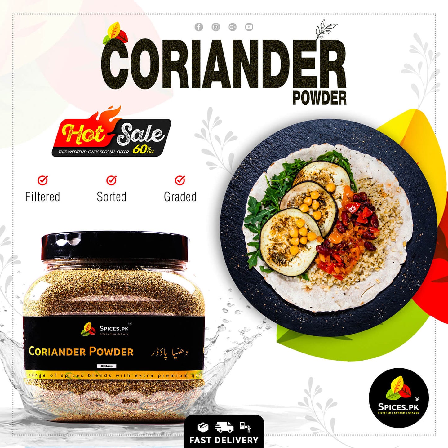 Coriander powder packaging with a dish of food on a white background.Hot Sale 60% Off on Spices.pk Coriander Powder; premium 480g jar of ground spices for seasoning chicken, vegetables, and traditional Pakistani dishes.
