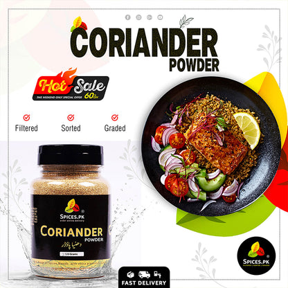 Spices.PK coriander powder packaging with a dish of food featuring coriander.Hot Sale 60% Off on Spices.pk Coriander Powder; high-quality ground spices for seasoning gourmet chicken and vegetable dishes with fast delivery.