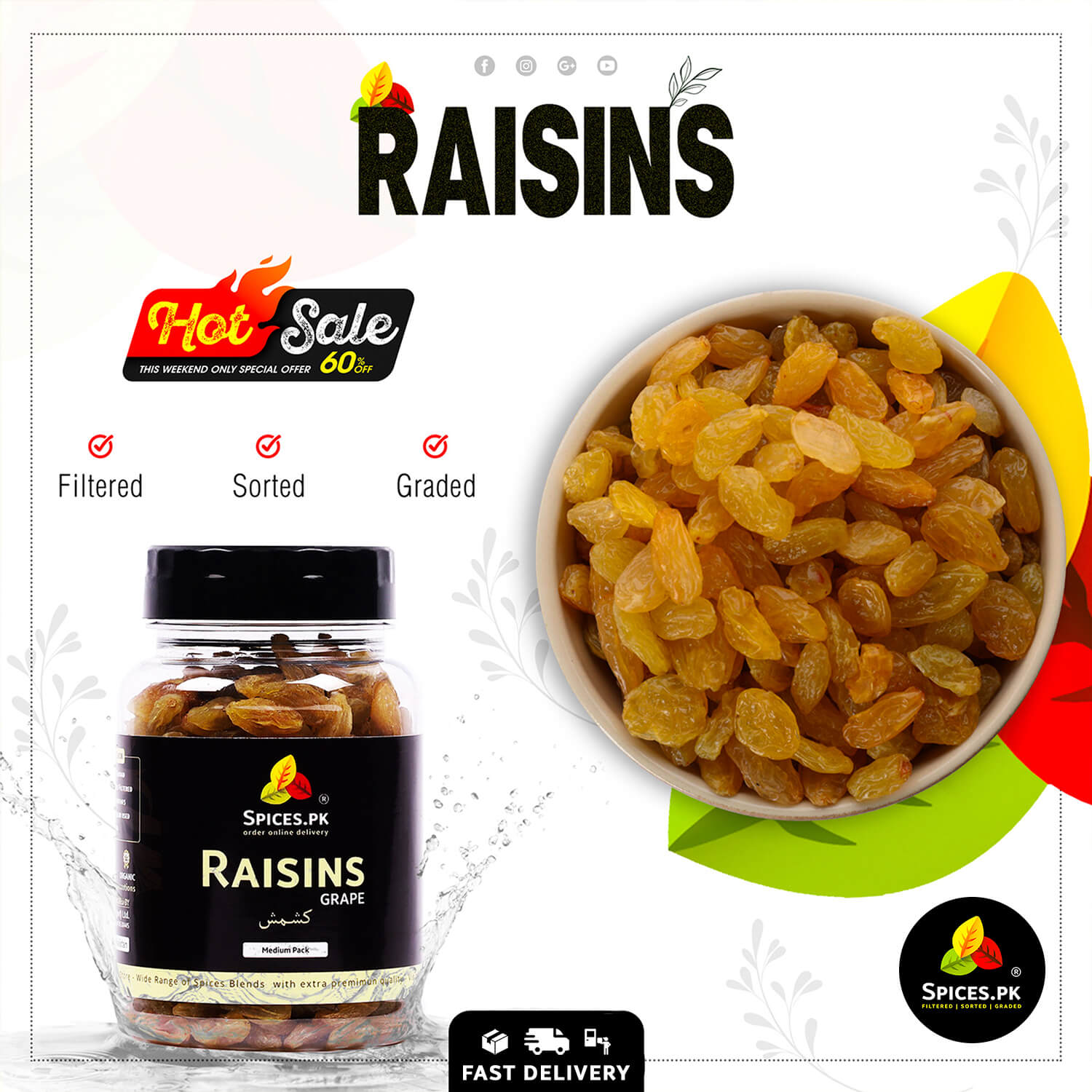 Bowl of fresh golden raisins with Spices.pk jar. Enjoy fast delivery and discounts on high-quality Kishmish in Pakistan.Promotional image of raisins with a jar and bowl, featuring 'Spices.PK' brand.