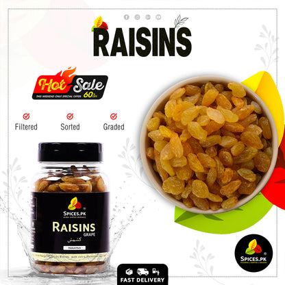 Bowl of fresh golden raisins with Spices.pk jar. Enjoy fast delivery and discounts on high-quality Kishmish in Pakistan.Promotional image of raisins with a jar and bowl, featuring 'Spices.PK' brand.
