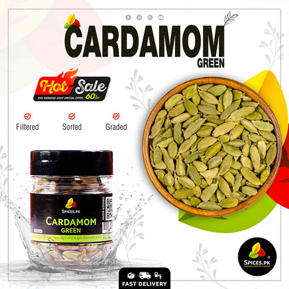 Fresh Green Cardamom pods in a wooden bowl with a 60% off Hot Sale banner for Spices.pk online store.
