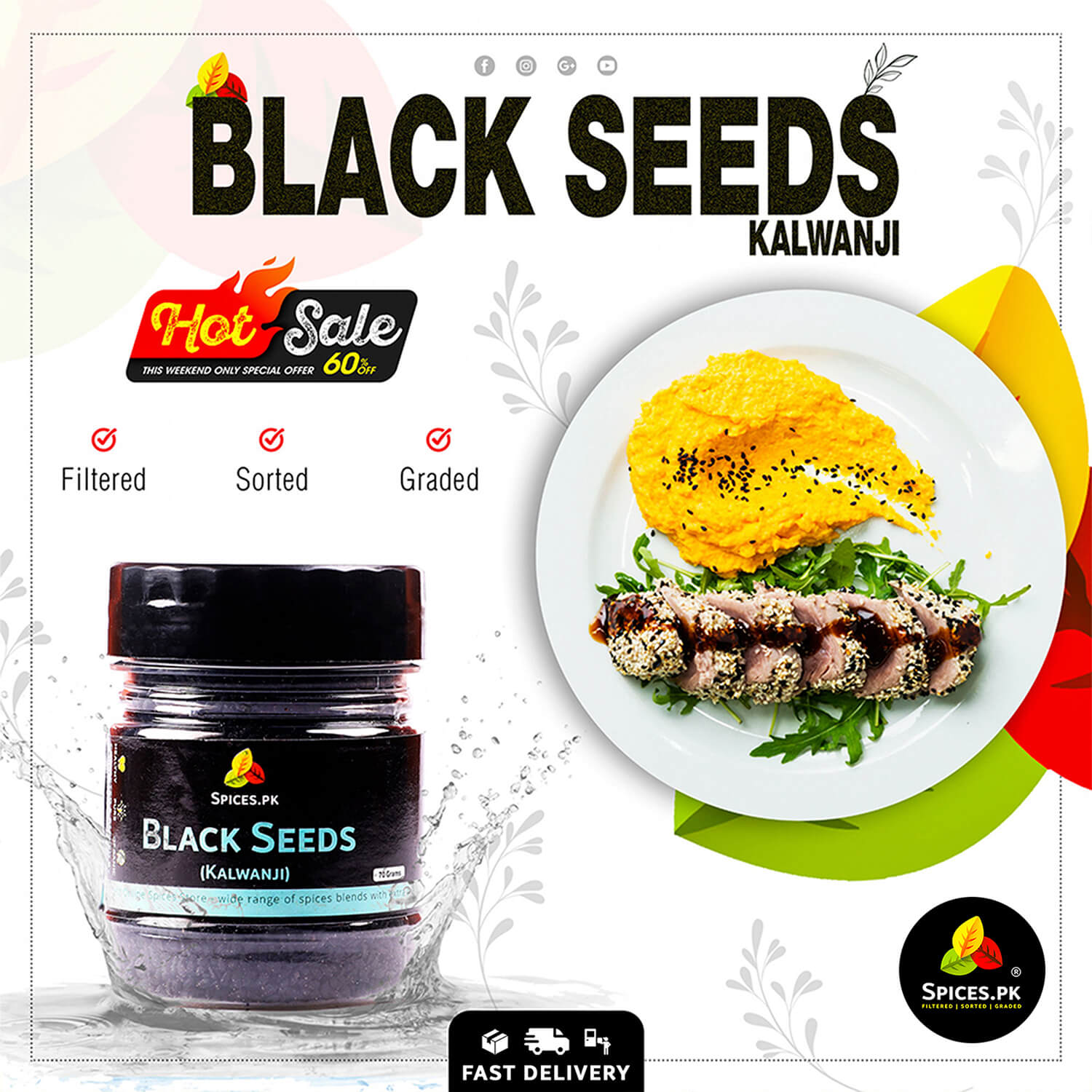 Whole Kalonji seeds in a wooden bowl with a 60% off Hot Sale banner, available at Spices.pk online store.