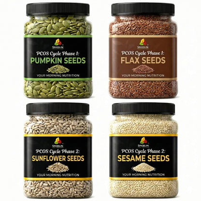 Spices.pk PCOS seed cycling kit lineup showing pumpkin, flax, sunflower, and sesame seed jars on a clean white background.