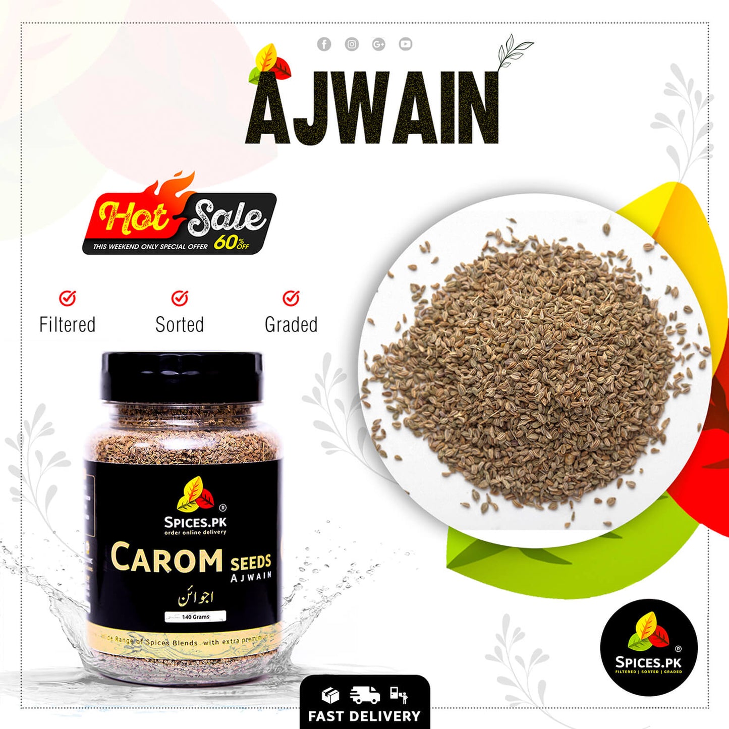 Spices.pk 140g pack of filtered, sorted, and graded premium carom seeds (Ajwain) on sale online in Pakistan with fast delivery.Spices.PK Ajwain carom seeds packaging with jar and seeds on a white background
