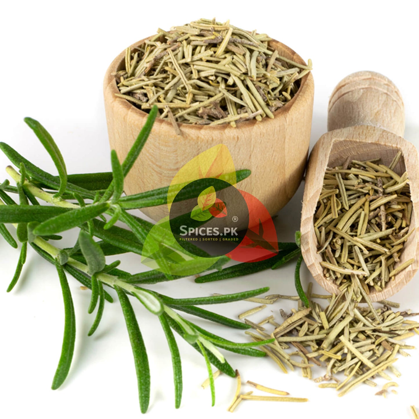 Top-down view of a fresh rosemary sprig tied with twine next to a wooden bowl filled with clean, dried duni ke pattay by Spices.pk.Wooden containers with dried herbs and a sprig of rosemary on a white background, featuring the Spices.PK logo.
