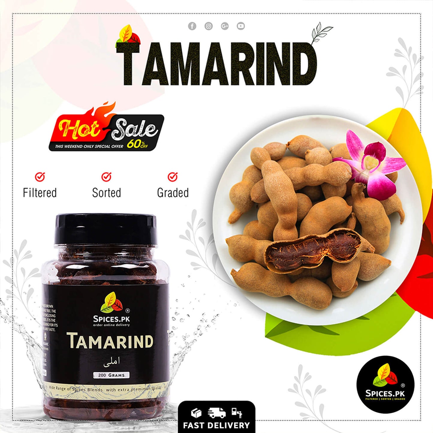 Tamarind product with jar and plate on a promotional background