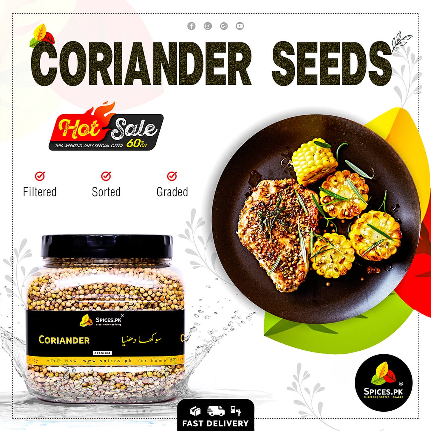 Advertisement for coriander seeds with a jar and food dish on a white background.Hot Sale offer on Spices.pk Coriander Seeds; premium dry whole dhaniya for roasted recipes with fast delivery across Pakistan.