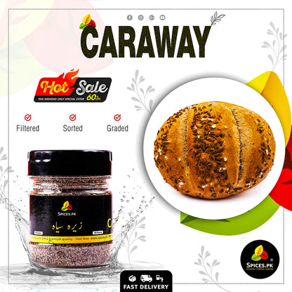 Caraway seeds used in baking desserts and rye bread, featuring a Hot Sale 60% off banner for premium quality black cumin.