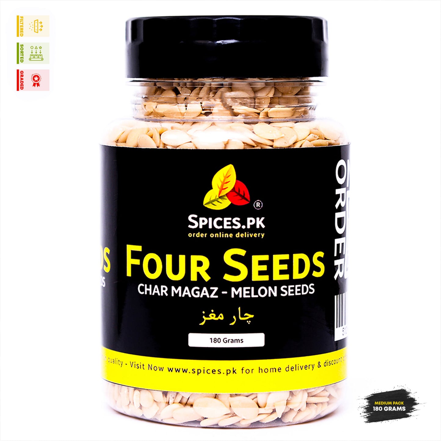Premium Char Magaz four seeds pouring out of a jar. Premium filtered and sorted melon seeds from Spices.pk.Jar of melon seeds with Spices.PK label on a white background