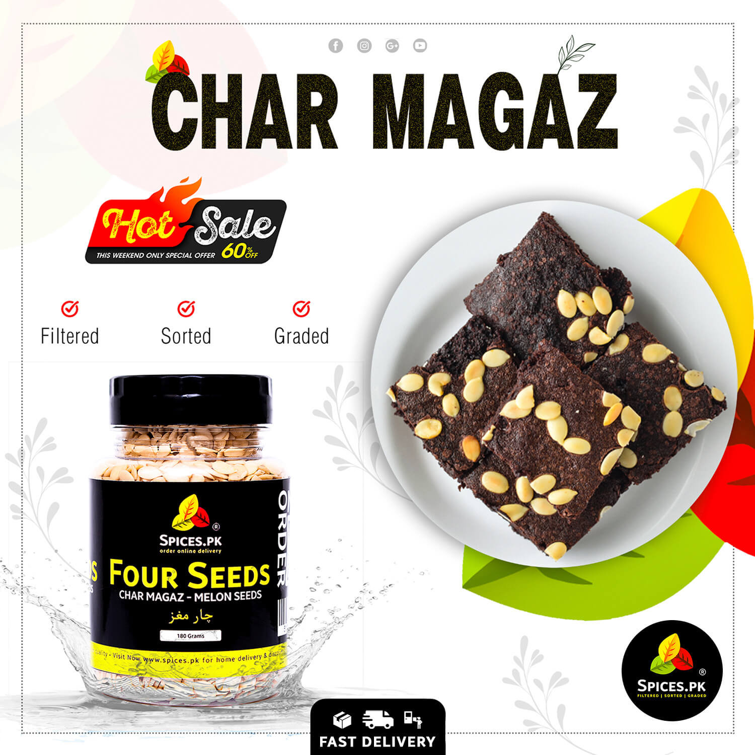 Delicious chocolate brownies topped with Char Maghaz melon seeds alongside a Spices.pk Four Seeds jar.Promotional image of Spices.PK Four Seeds with brownies and 'Char Magaz' branding.