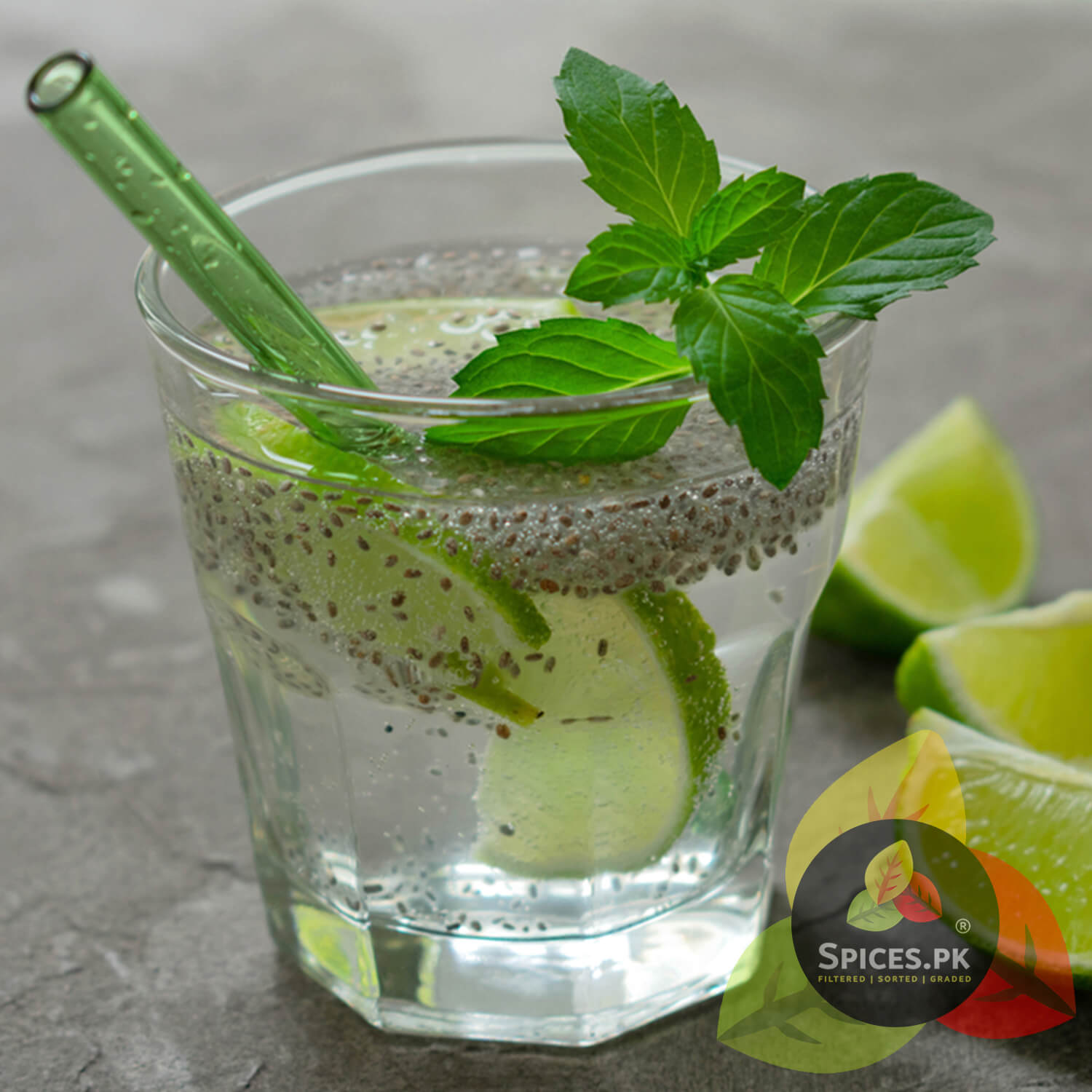 Refreshing chia seed detox water with fresh lime and mint. A healthy weight loss drink recipe using Spices.pk organic seeds.