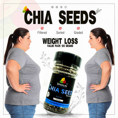 SEO Alt Text: Spices.pk 125g organic chia seeds value pack for weight loss, featuring a before and after fitness silhouette illustration.