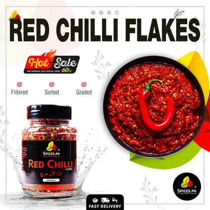 Hot Sale banner for Red Chilli Flakes – 60% off deal next to a bowl of spicy red sauce, perfect for pizza and pasta.