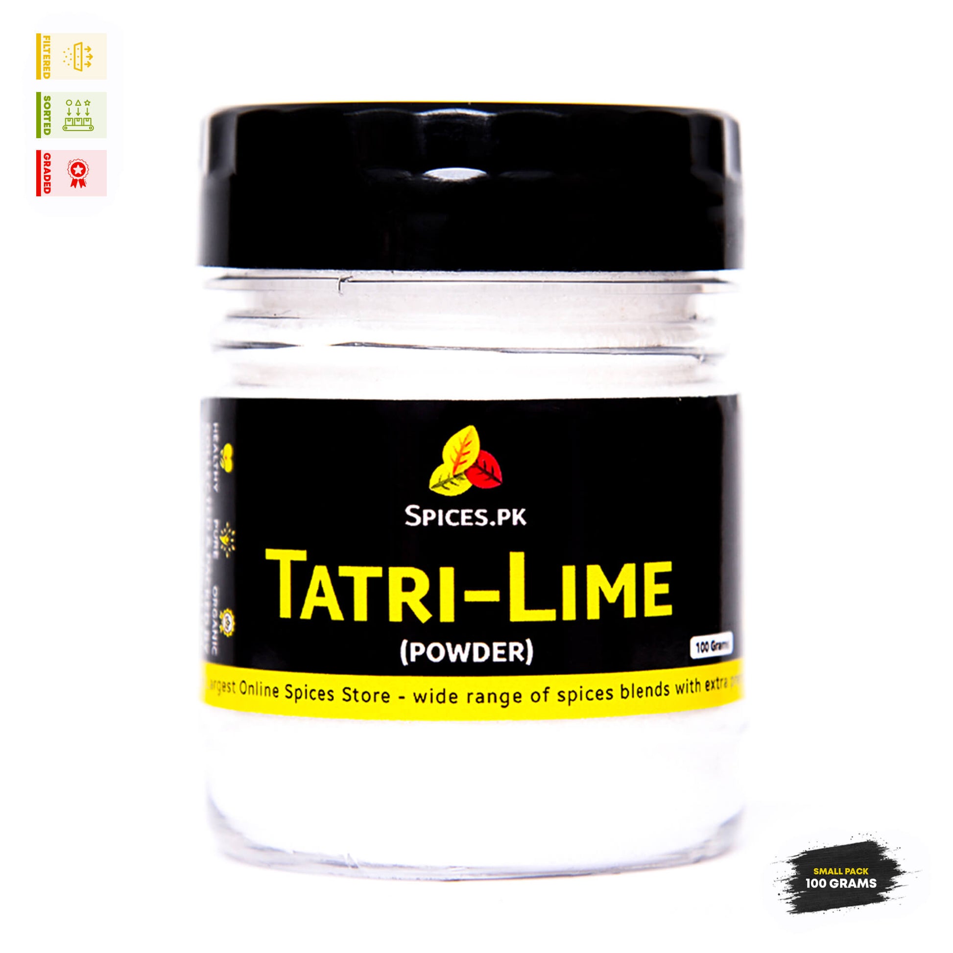 Organic Tatri Lime powder 100 grams small pack jar by Spices.pk online spice store showing pure, healthy premium quality.Jar of Tatri-Lime powder with Spices.PK label on a white background
