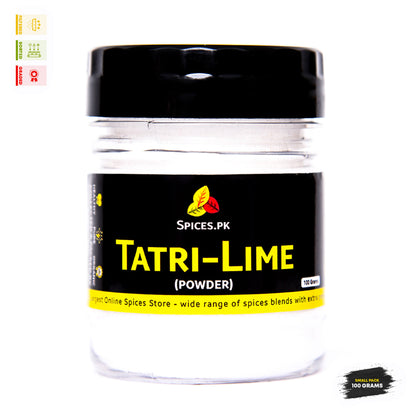 Organic Tatri Lime powder 100 grams small pack jar by Spices.pk online spice store showing pure, healthy premium quality.Jar of Tatri-Lime powder with Spices.PK label on a white background