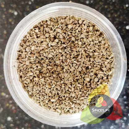 Top-down macro view of clean, graded, and stone-free carom seeds showing the premium quality of Ajwain online at Spices.pk.
