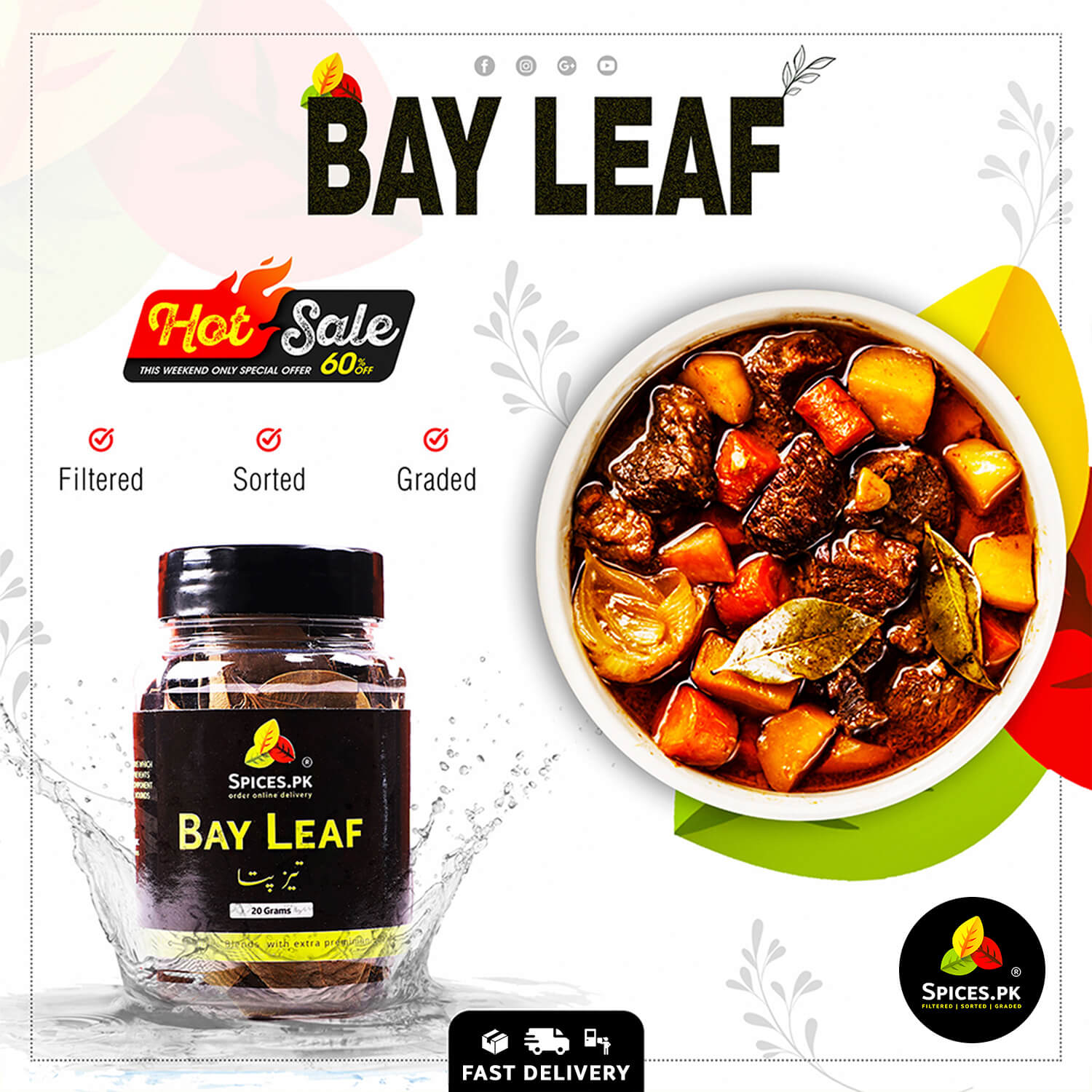 Spices.PK Bay Leaf packaging with a bowl of stew featuring bay leaves.Delicious meat stew cooked with Spices.pk Bay Leaf (Tezz Pata) - Special 60% off weekend sale banner for online spice shopping.