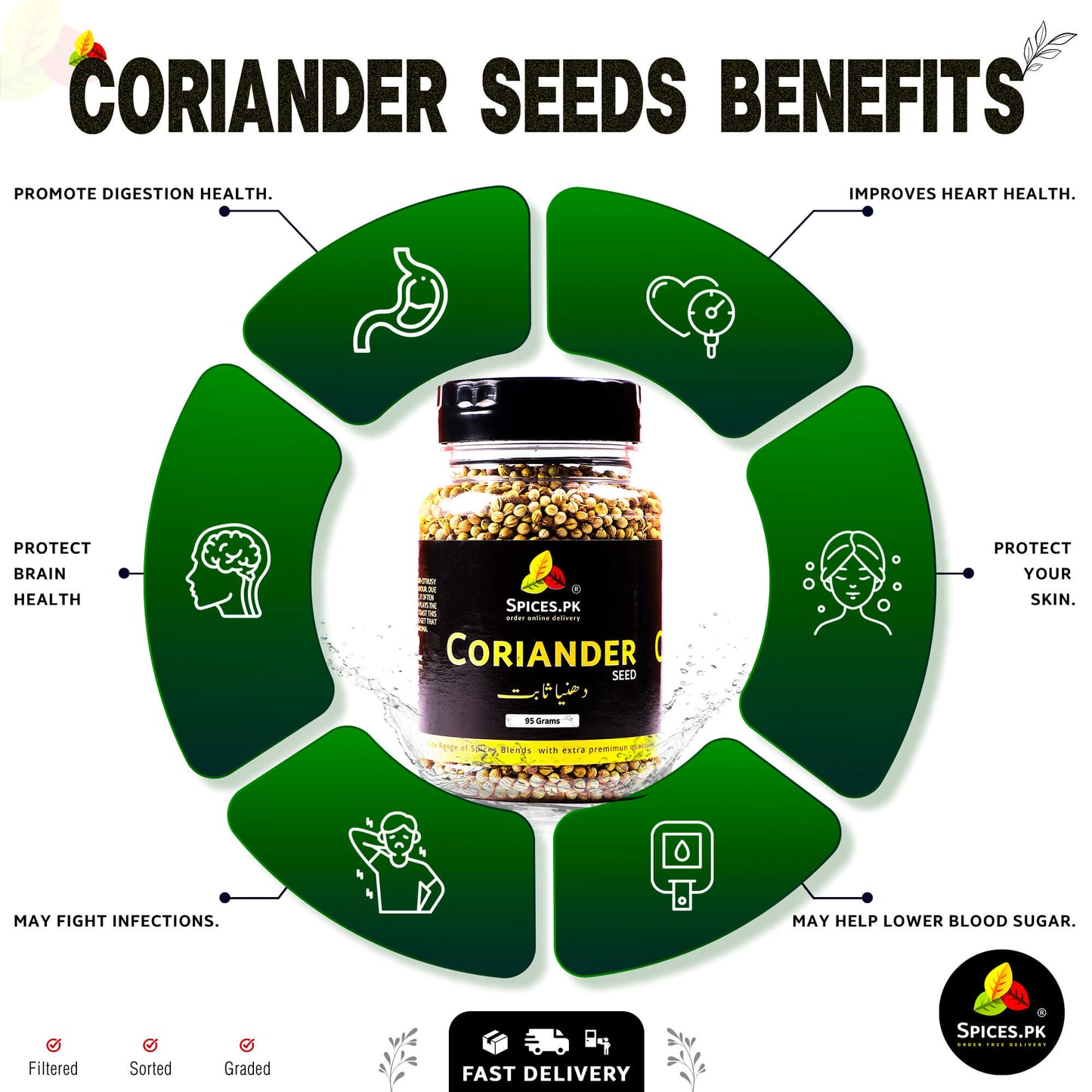 Coriander seeds benefits infographic with a jar of coriander seeds in the center.Health benefits of Coriander Seeds (Dhaniya Sabut) infographic by Spices.pk: improves heart health, brain health, and digestion.