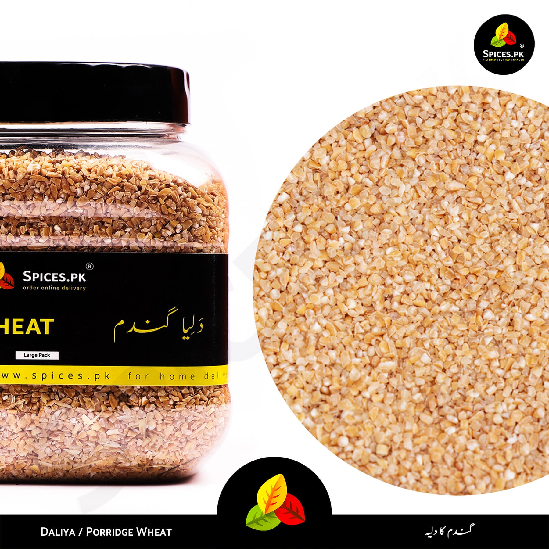 Close-up of premium cracked wheat grains. Spices.pk Daliya is dust-filtered and naturally processed for the perfect porridge.Jar of Spices.PK daliya porridge wheat with close-up of wheat grains on a white background