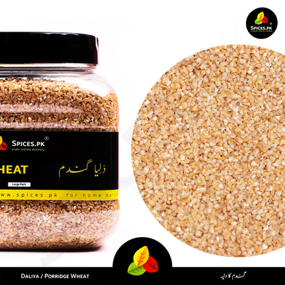 Close-up of premium cracked wheat grains. Spices.pk Daliya is dust-filtered and naturally processed for the perfect porridge.Jar of Spices.PK daliya porridge wheat with close-up of wheat grains on a white background