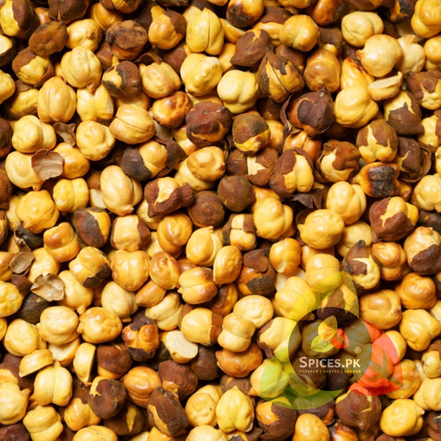 Detailed macro background texture of clean, stone-free crispy roasted black chickpeas with Spices.pk logo watermark.Close-up of roasted chickpeas with 'Spices.PK' logo.