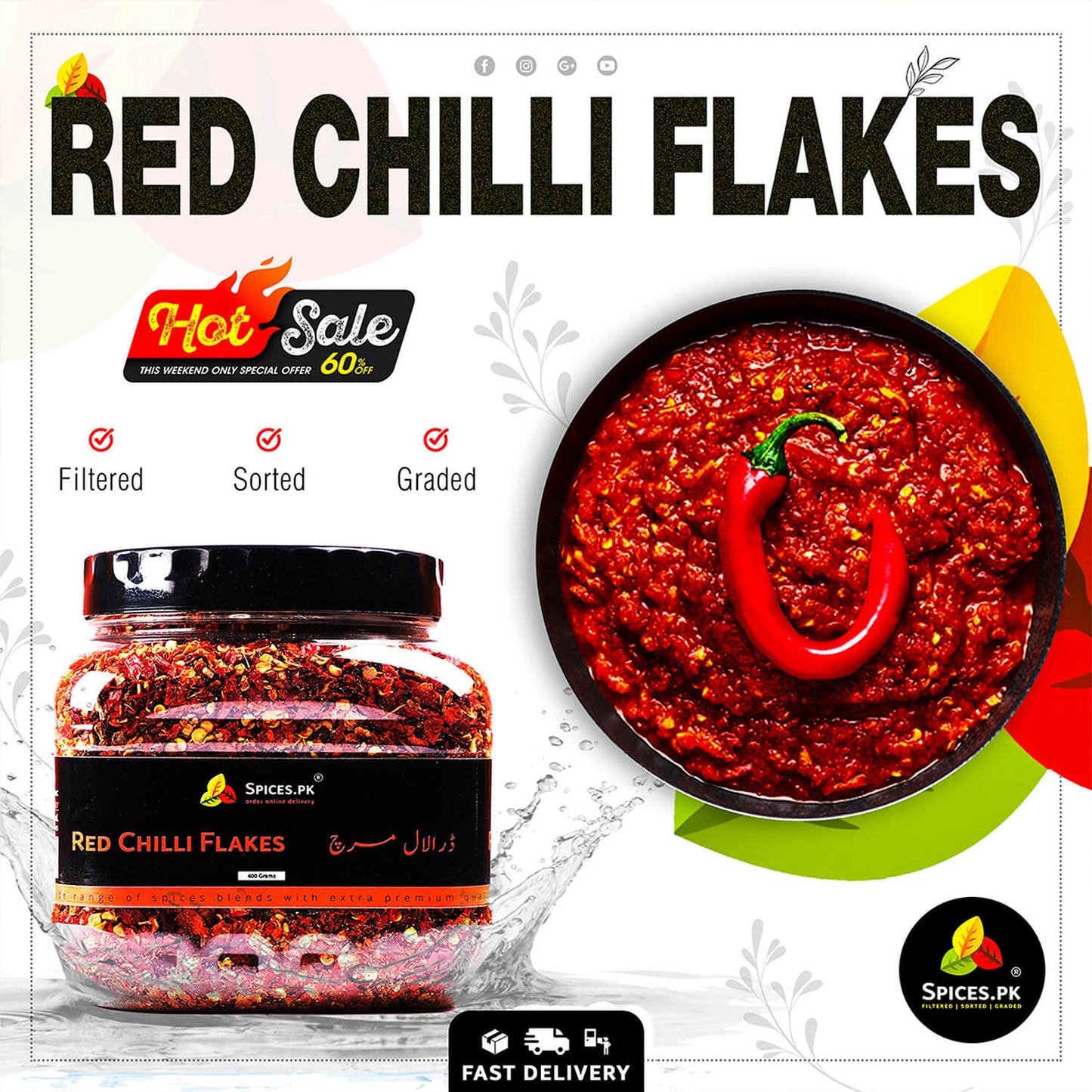 Hot Sale promotional banner for Red Chilli Flakes (Dara Lal Mirch) featuring a spicy sauce dip and 60% off deal – Spices.pk.