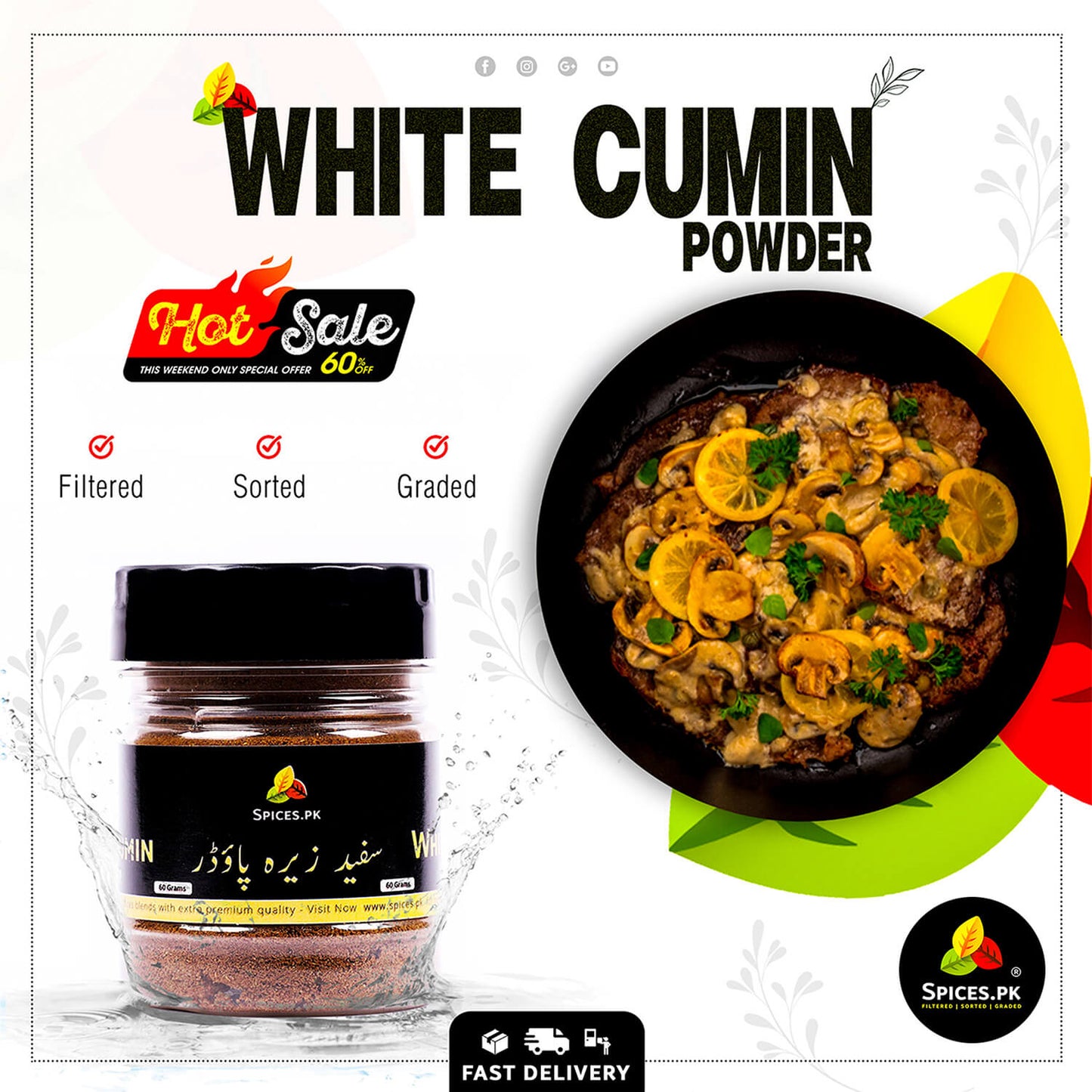 White Cumin Powder jar next to a gourmet mushroom and steak dish, featuring a "60% Off Hot Sale" badge for premium Sufaid Zeera Powder.