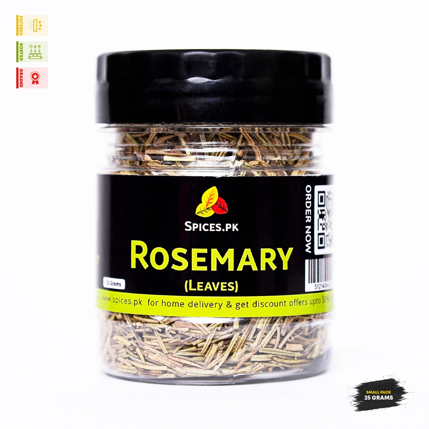 pices.pk premium dried rosemary leaves 25 grams small pack jar. Filtered, sorted, and graded akleel kohistani for hair growth.Jar of rosemary leaves with Spices.PK label on a white background