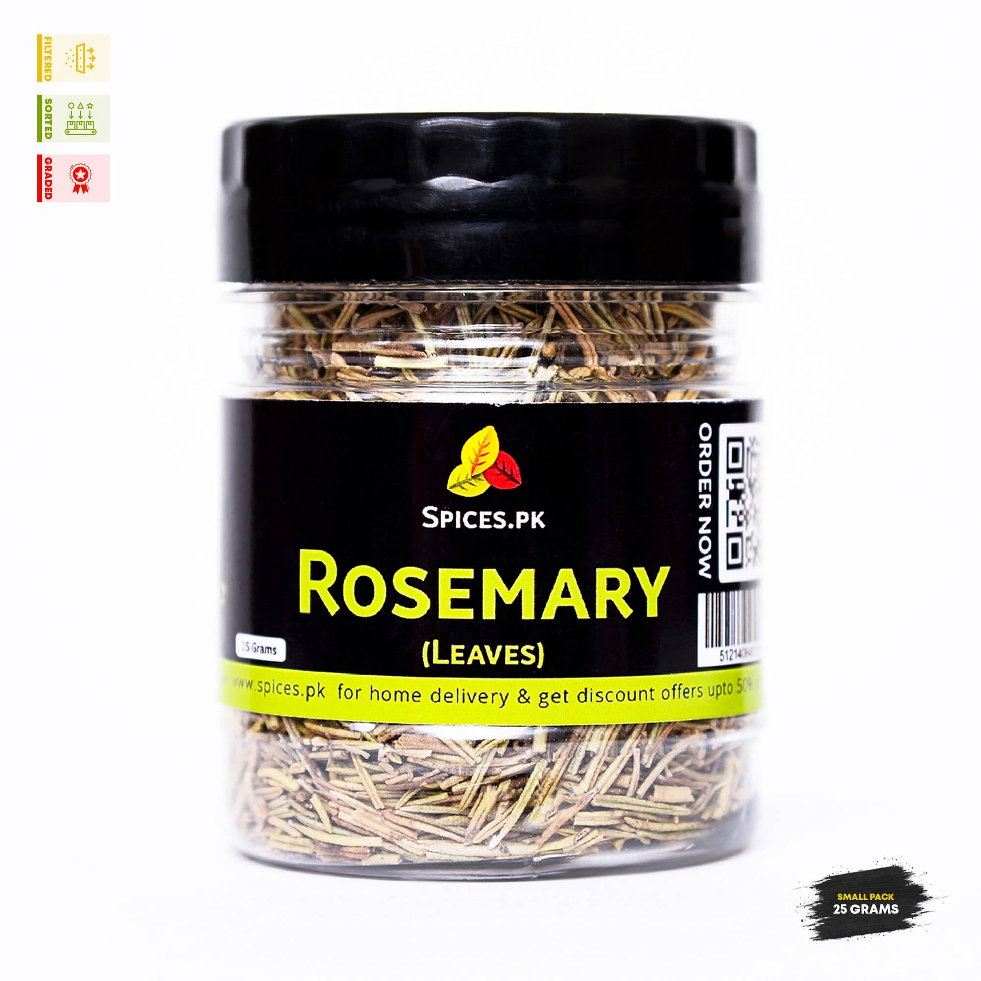 pices.pk premium dried rosemary leaves 25 grams small pack jar. Filtered, sorted, and graded akleel kohistani for hair growth.Jar of rosemary leaves with Spices.PK label on a white background