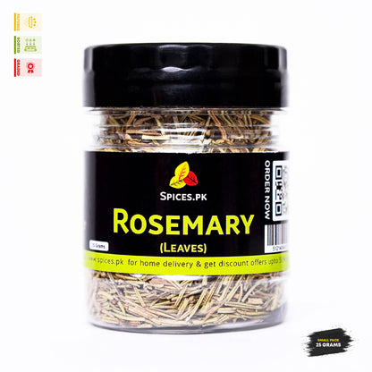pices.pk premium dried rosemary leaves 25 grams small pack jar. Filtered, sorted, and graded akleel kohistani for hair growth.Jar of rosemary leaves with Spices.PK label on a white background