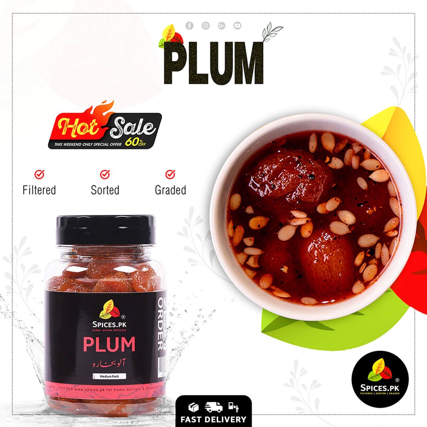 Bowl of homemade sweet and sour Aloo Bukhara chutney alongside a filtered and graded premium dried plum jar.Promotional image of plum product with jar and bowl on a white background