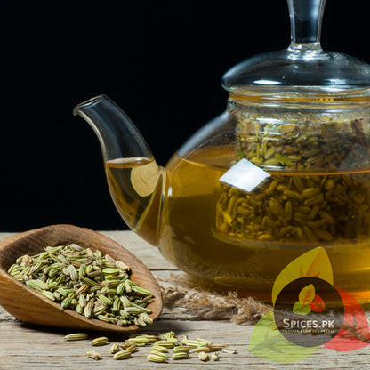 Herbal fennel seed tea in a glass teapot, known as saunf ka qahwa, used for bloating relief and as a natural detox drink.