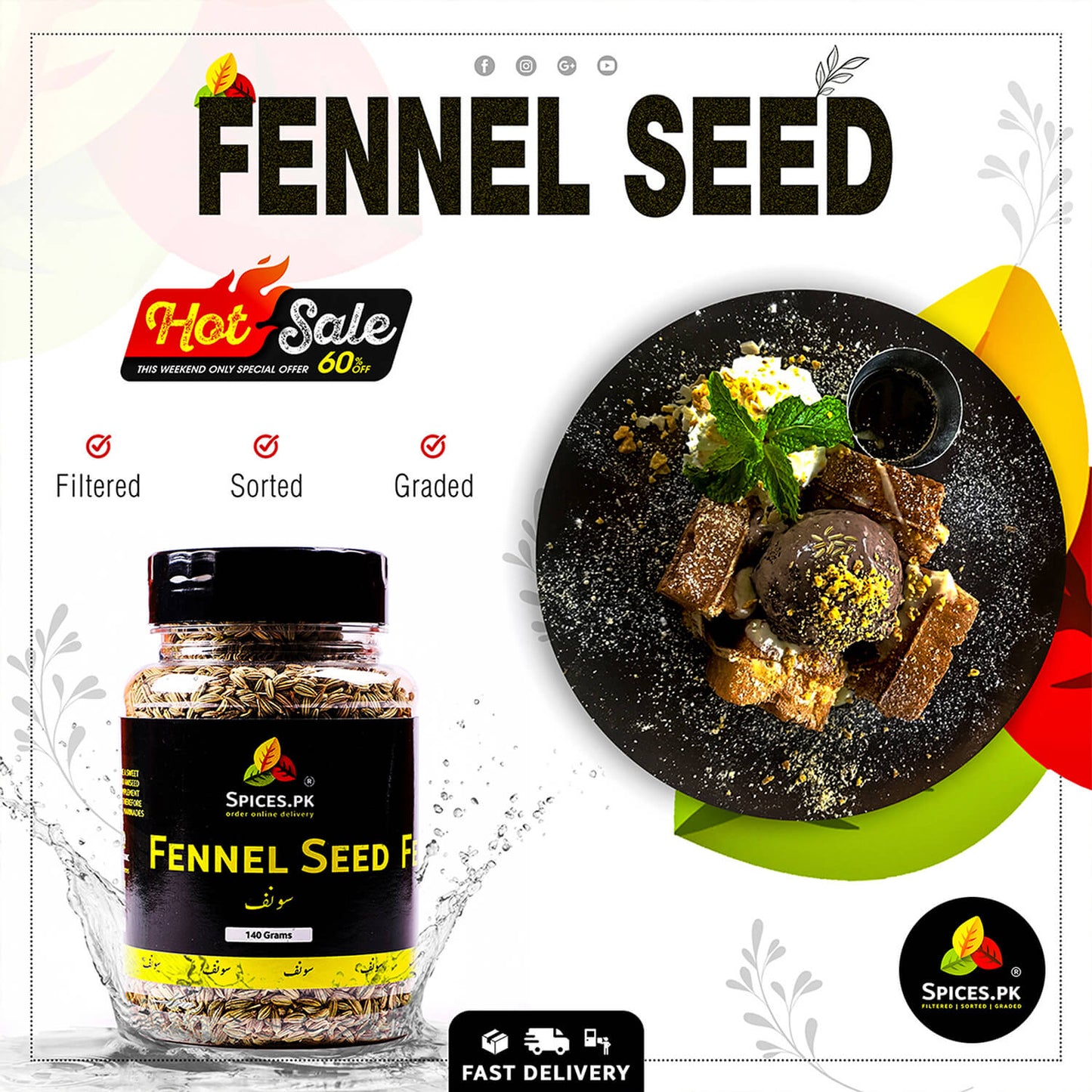Culinary use of fennel seeds sprinkled on waffles and chocolate dessert, featuring a Hot Sale 60% off banner for premium saunf.