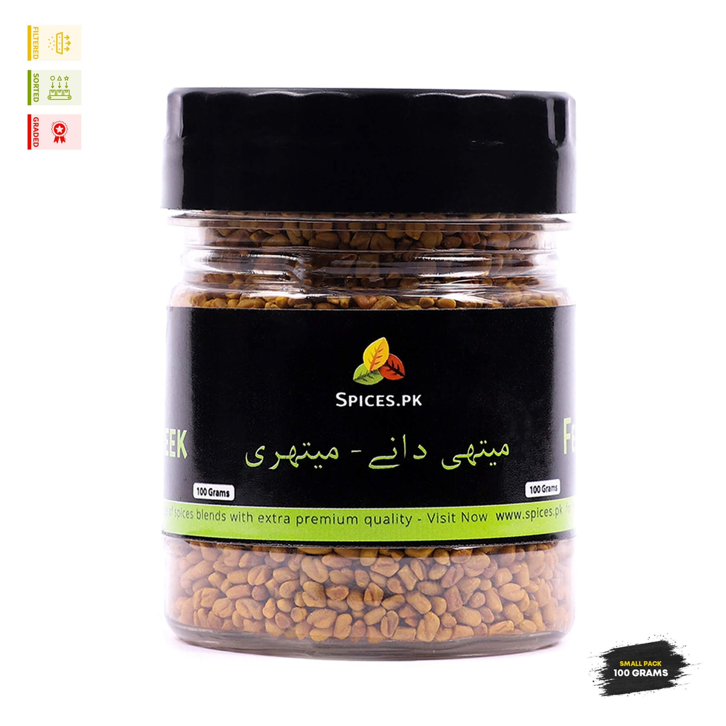 Spices.pk Fenugreek Seeds (Meethi Dana) 100g premium jar - Triple-cleaned, sorted, and graded Meethray for cooking and medicinal use.