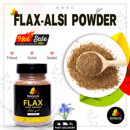 Promotional sale banner for Spices.pk flax alsi powder featuring 60 percent off special weekend discount deal.Advertisement for Flax-Alsi Powder with a jar, spoonful, and promotional text on a white background.