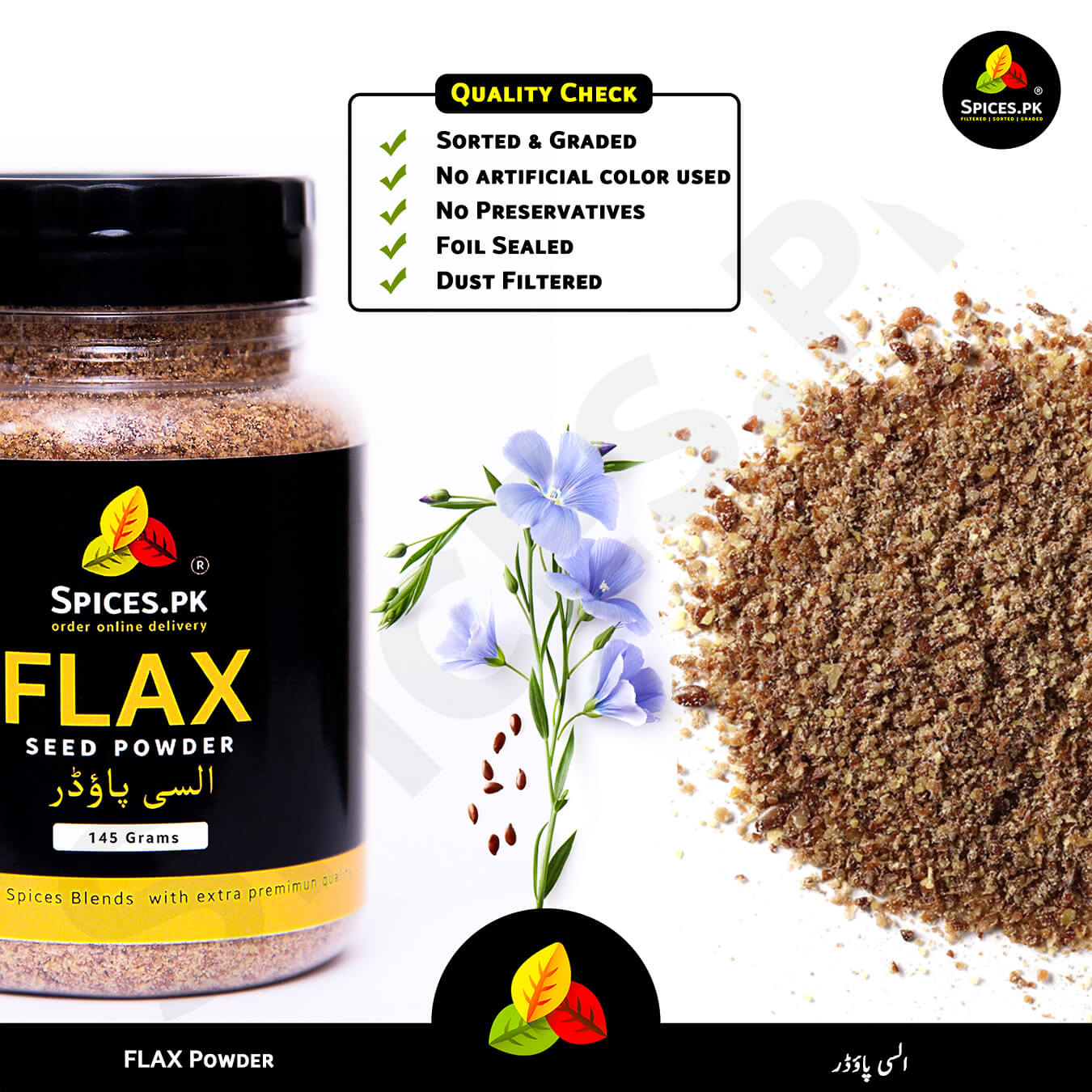 Spices.pk flax seed powder 145g jar with premium alsi powder quality checklist and blue flax flower graphics.