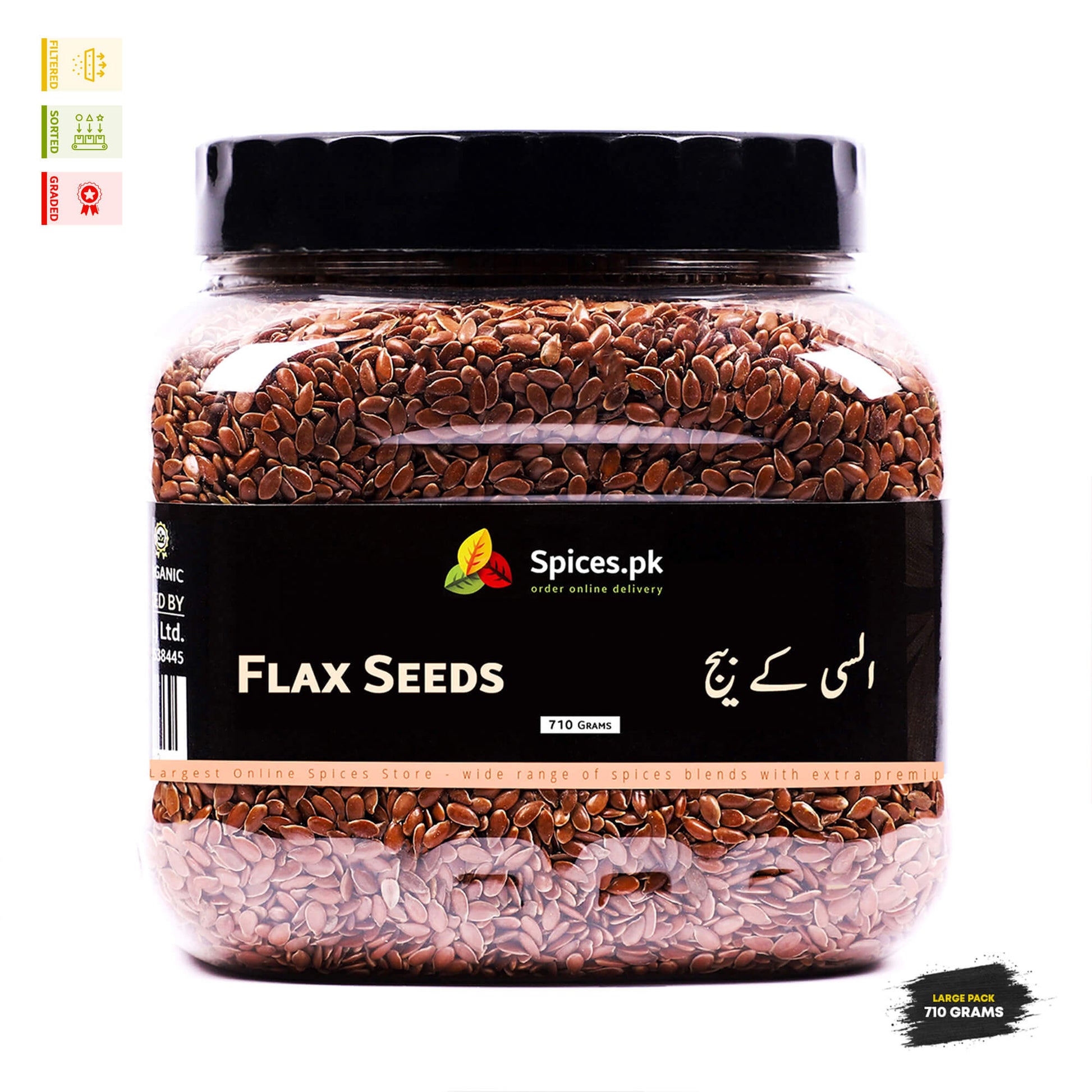Spices.pk premium organic Flax Seeds (Alsi - السی) 710g jar. High-quality, sorted, and graded alsi seeds for daily nutrition.