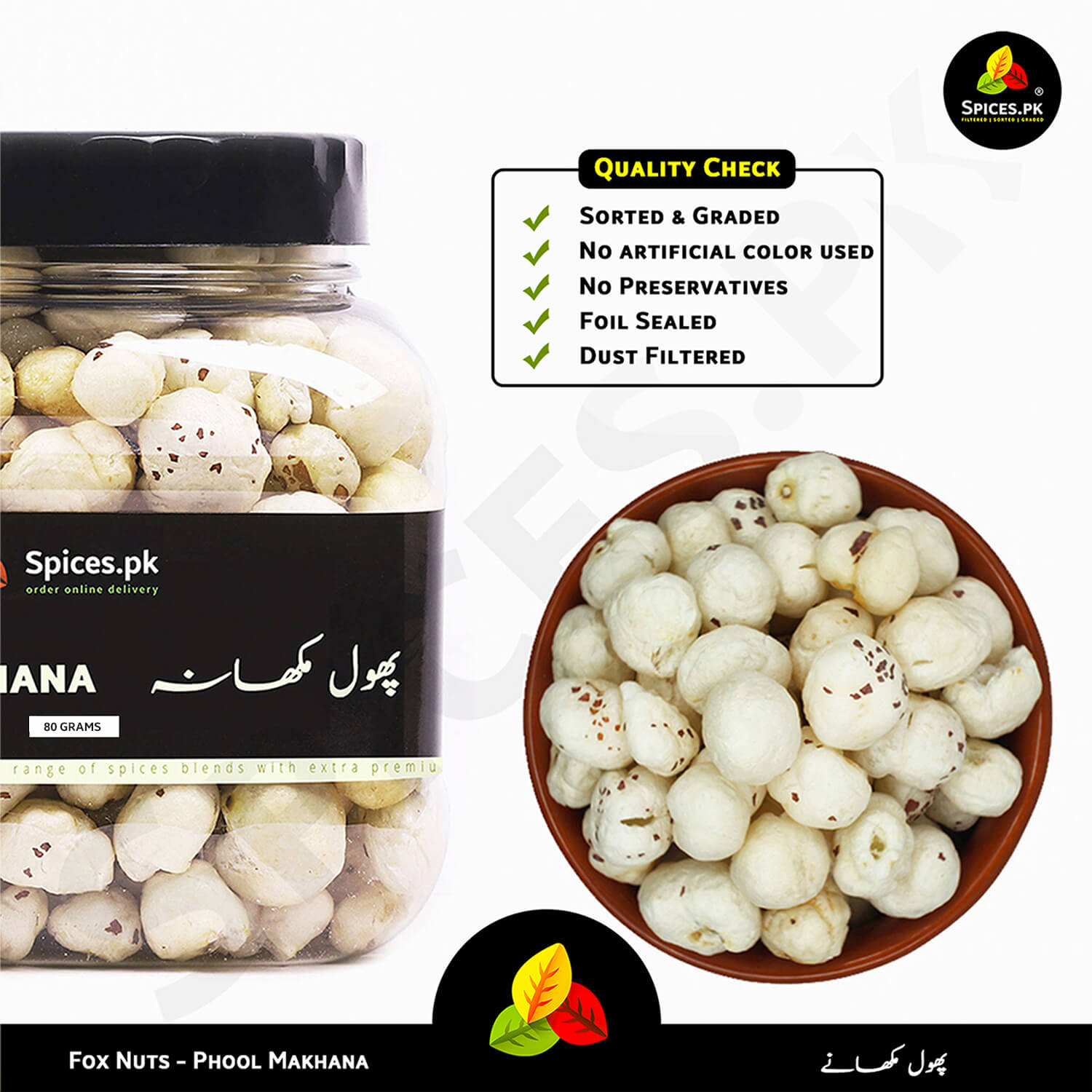 Jar of fox nuts with a bowl of fox nuts and Spices.pk branding.Close-up of large size, crispy white lotus seeds phool makhana by Spices.pk, free from artificial preservatives.