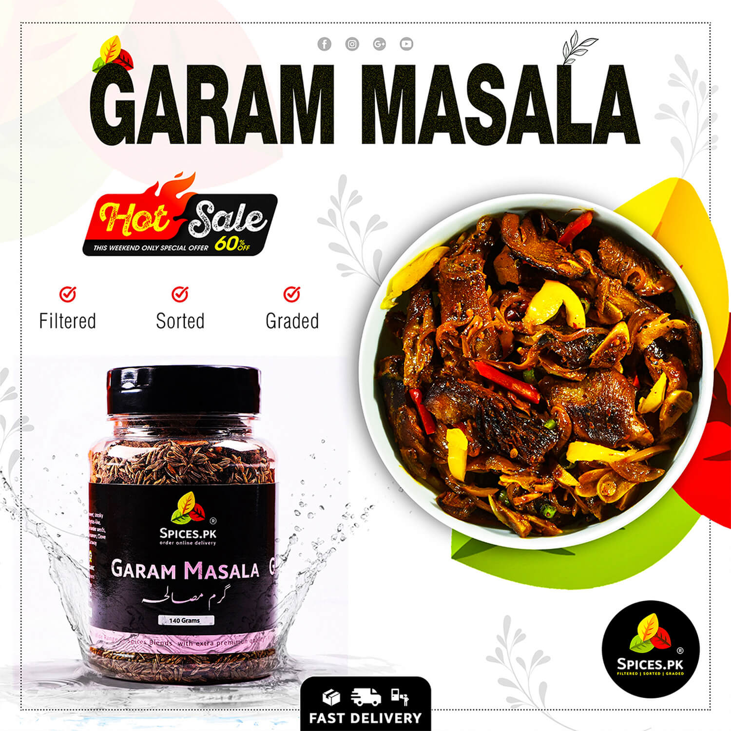 Authentic aromatic beef curry made with Spices.pk Garam Masala. Limited time Hot Sale: 60% off filtered, sorted, and graded whole spices with fast delivery. Image shows delicious dish beside our 140g jar. Buy spices online.