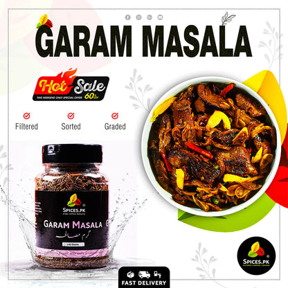Authentic aromatic beef curry made with Spices.pk Garam Masala. Limited time Hot Sale: 60% off filtered, sorted, and graded whole spices with fast delivery. Image shows delicious dish beside our 140g jar. Buy spices online.