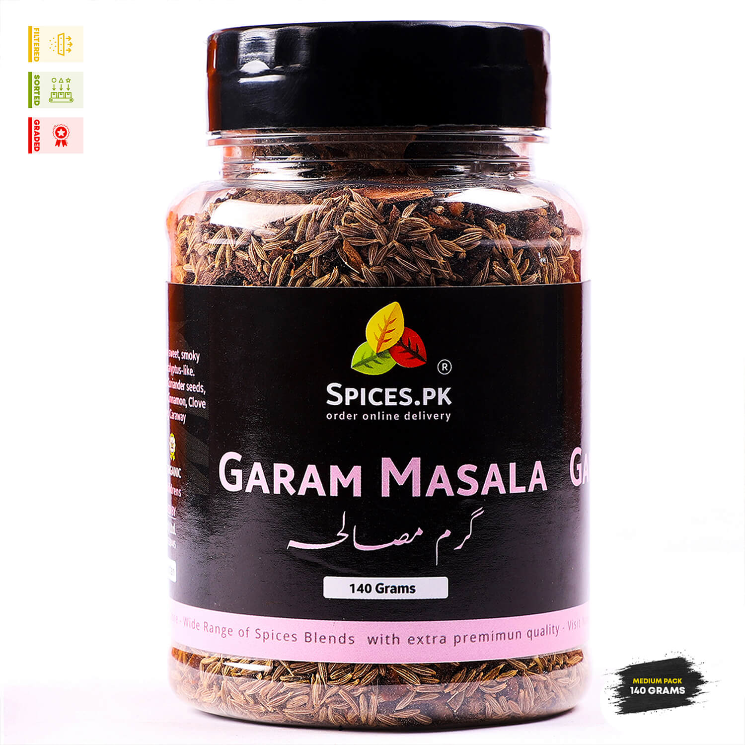 Spices.pk 140g jar of premium whole Garam Masala mix (Mix Sabut Masala). Guarantees purity: filtered, sorted, and graded for authentic flavour. Ideal for traditional curries and biryanis. Best price whole spices Pakistan.