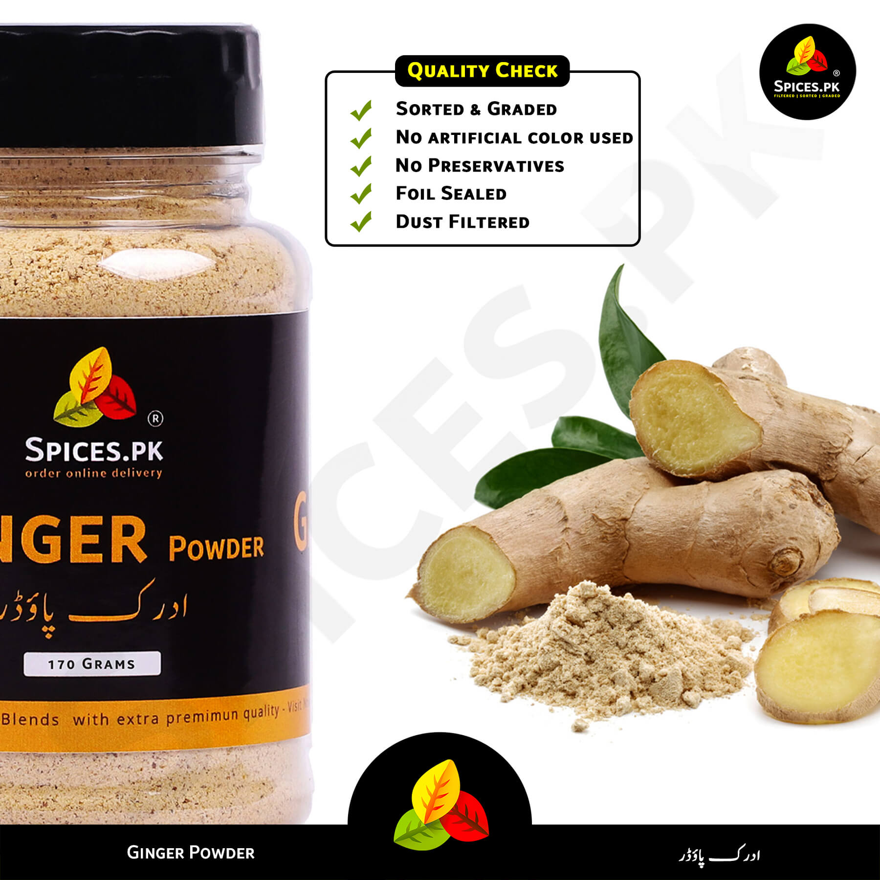 Quality check for Spices.pk ginger powder: Sorted, no artificial colors, preservative-free, foil-sealed, and dust-filtered.Spices.PK ginger powder jar with ginger roots and powder on a white background