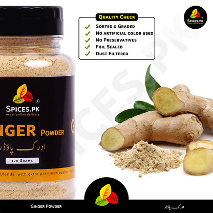 Quality check for Spices.pk ginger powder: Sorted, no artificial colors, preservative-free, foil-sealed, and dust-filtered.Spices.PK ginger powder jar with ginger roots and powder on a white background