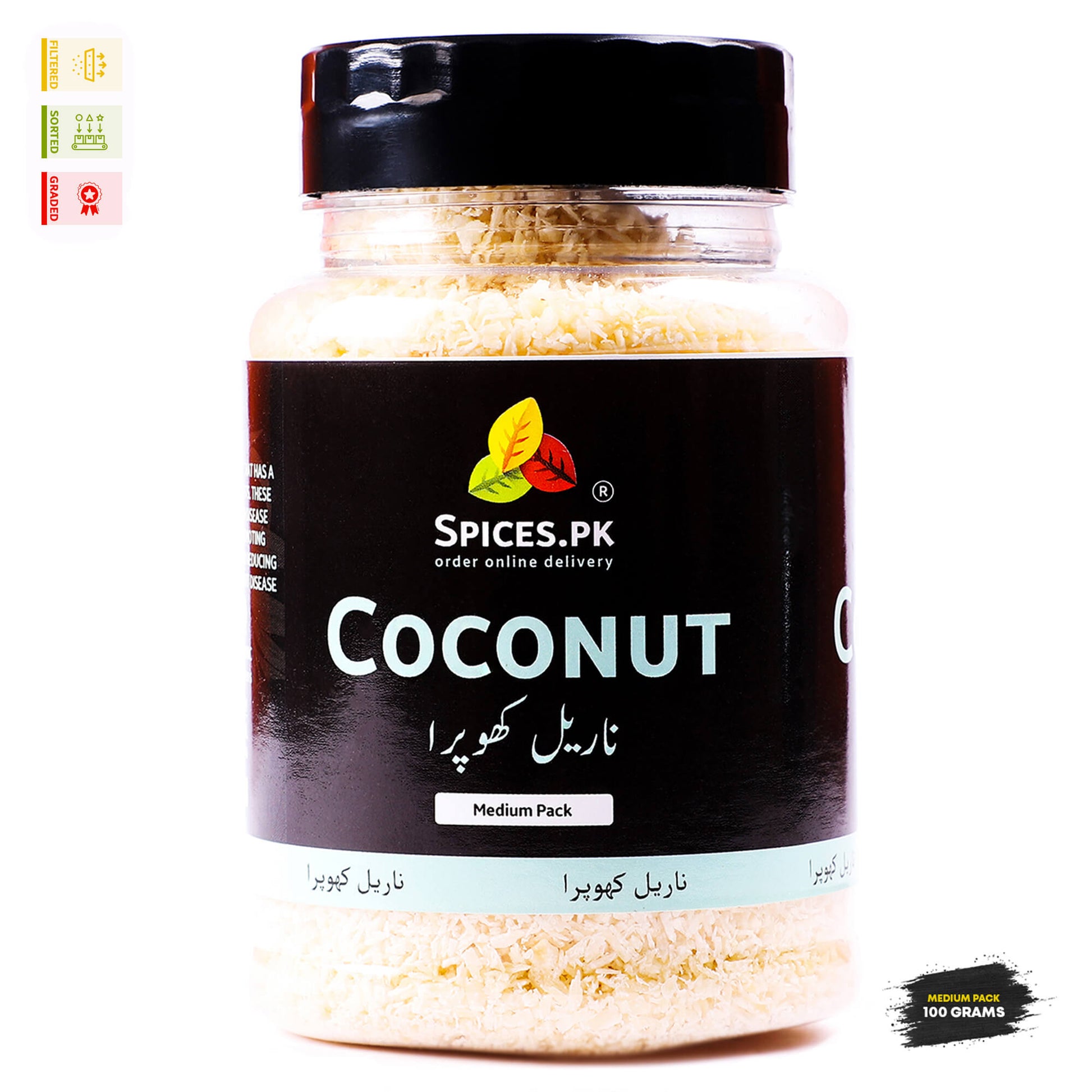 Spices.pk Giri Burada Coconut Crush 150g shaker jar, ideal for traditional desserts and sweets in Pakistan.Jar of coconut flakes with 'Spices.PK' branding on a white background