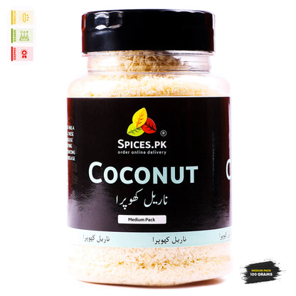 Spices.pk Giri Burada Coconut Crush 150g shaker jar, ideal for traditional desserts and sweets in Pakistan.Jar of coconut flakes with 'Spices.PK' branding on a white background