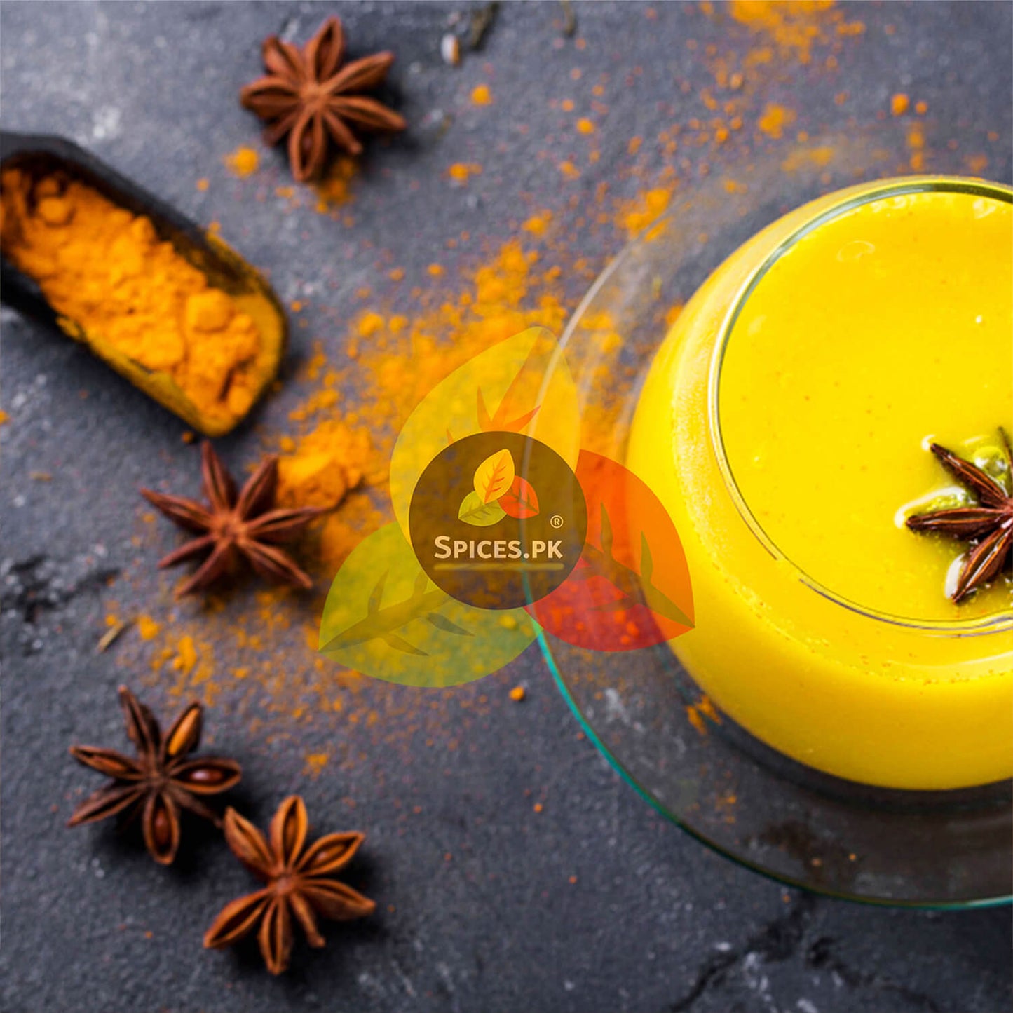 Warm Golden Milk (Turmeric Latte) topped with star anise – Made with pure Spices.pk Turmeric for immunity and health.
