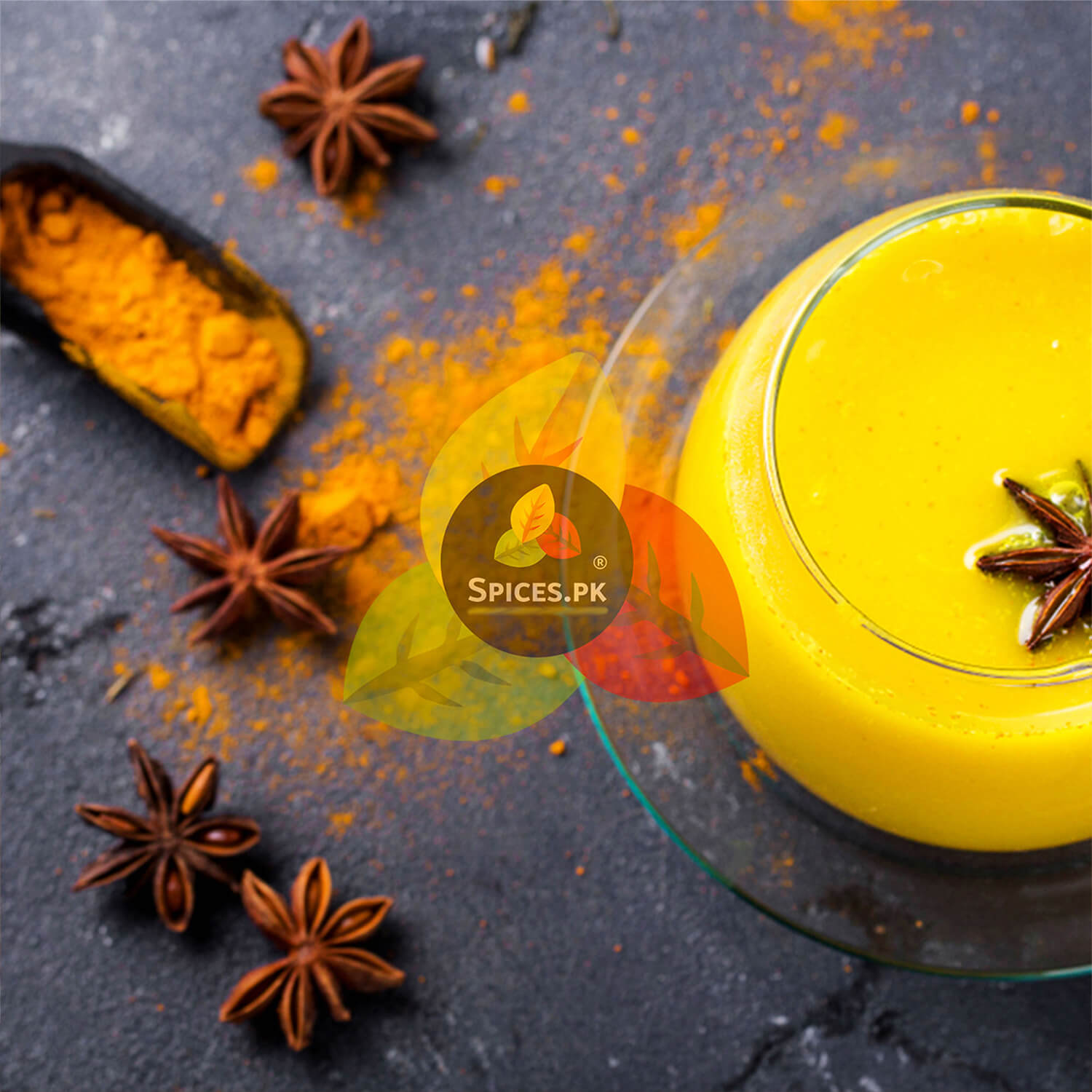 Warm Golden Milk (Turmeric Latte) topped with star anise – Made with pure Spices.pk Turmeric for immunity and health.